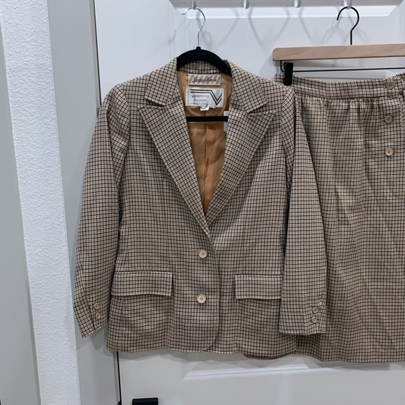 Valentino Houndstooth Creme Brown Skirt Set Blazer Suit Jacket Large - Picture 4 of 7